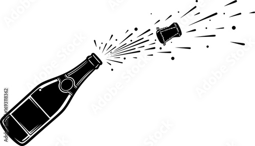 line art drawing of champagne bottle with shooting cork
