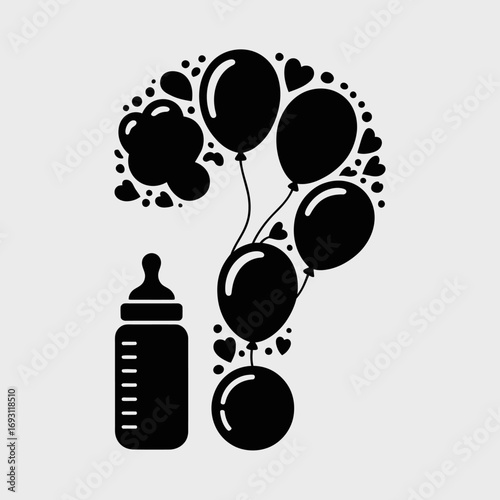 Question mark made of balloons and hearts with baby bottle for gender reveal