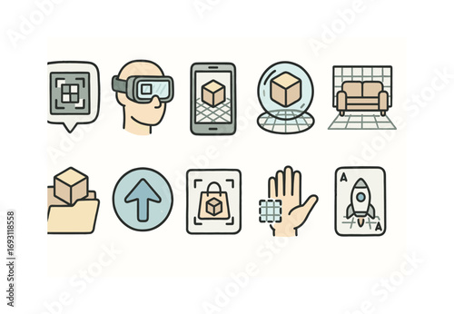 Augmented reality flat icon set. AR, VR, 3d objects, and virtual experience icons collection