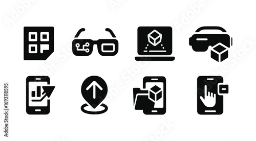 Augmented reality solid icon set: virtual experiences, tech enhancement