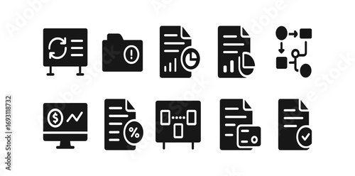Business, analytics solid icon set. charts, reports essential solid collection