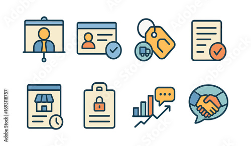 Business, commerce outline icon set. management, marketing symbols linear design