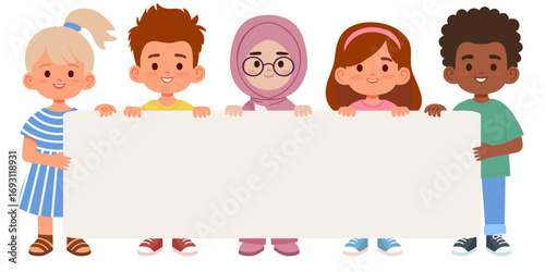 Group of diverse children holding a big blank board. Isolated on white background. Perfect for education, teamwork, announcements, presentations, multicultural projects and school materials.