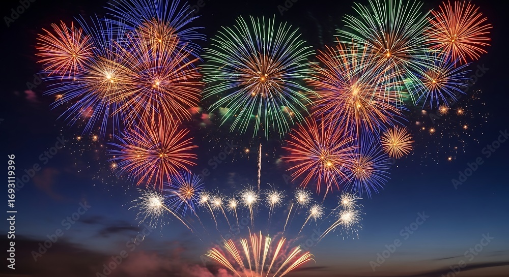 Fototapeta premium Fireworks Display in the Night Sky.