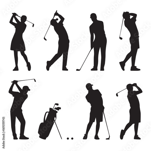 Silhouettes of Golf Players in Action with Equipment