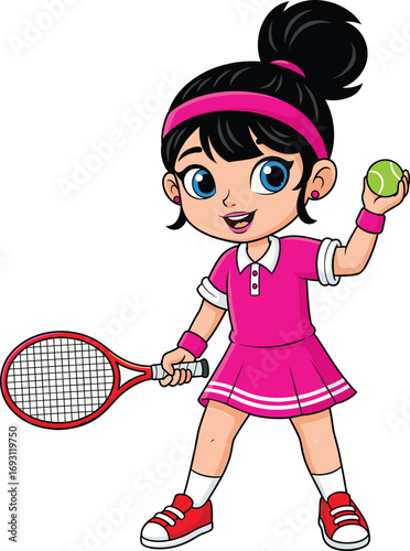 Cartoon tennis girl character, young female athlete illustration, sporty child in pink outfit, holding racket and ball, cute vector art, kids sports clipart