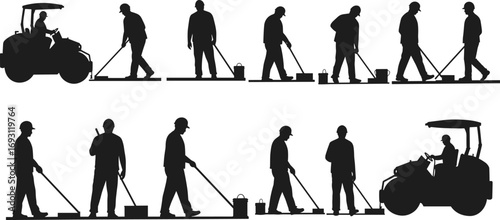 Silhouette of road construction workers and rollers, asphalt paving, manual labor, teamwork, safety helmets, industrial site, heavy machinery, road maintenance