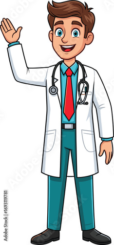 Cartoon male doctor character, friendly medical professional illustration, healthcare worker in white coat, waving physician vector art, hospital staff clipart, smiling medic design