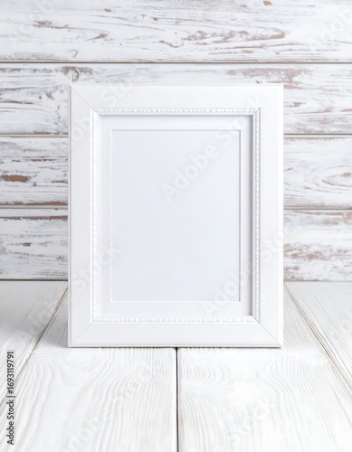 White picture frame on white wooden background