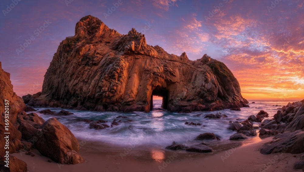 Obraz premium Dramatic sunset over a coastal arch