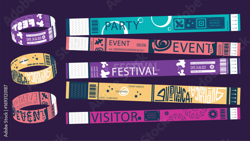 Y2k event party bracelet design. Retro modern pass ticket set for nightclubs entrance access. Identification visitor wristbands for night show entry, security check guest ribbons. Vector illustration.