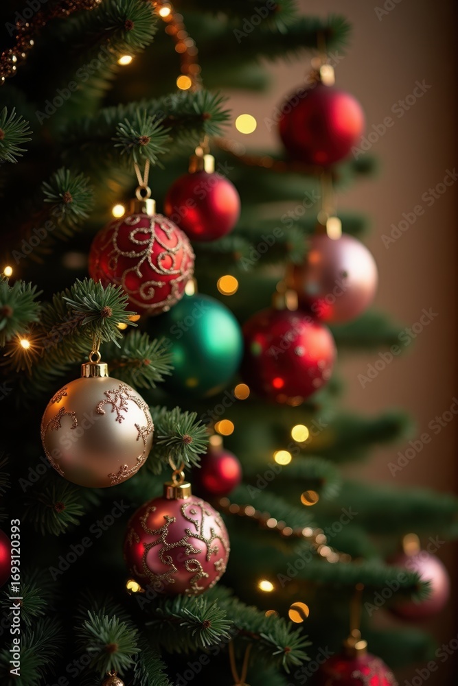 Fototapeta premium Colorful Christmas tree ornaments hanging on green pine branches, sparkling with lights and tinsel. The background is softly blurred with warm holiday glow