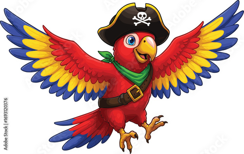 Colorful cartoon pirate parrot in flight, tropical bird with hat and skull symbol, adventurous animal character, fun nautical theme vector illustration