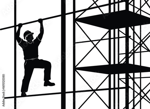 Construction worker climbing a scaffolding structure.
