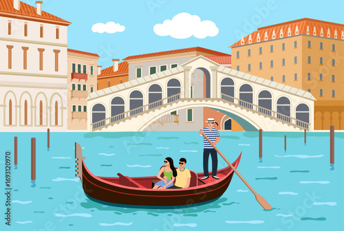 	
Venice architecture with gondola on water. Young couple sailing along the Grand Canal on a gondola.