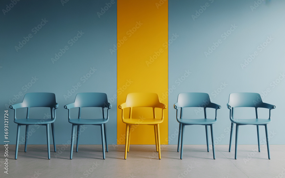 Obraz premium A Yellow Chair Stands Out in a Row, Symbolizing a Job Vacancy, Hiring, Recruitment, and Individuality