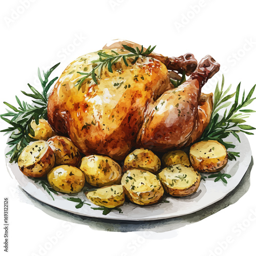 Roast Chicken, watercolor painting vector, isolated on a white background.