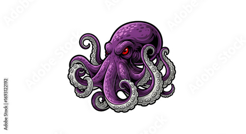 A menacing purple octopus with glowing red eyes, detailed tentacles, and textured skin, isolated on a transparent background