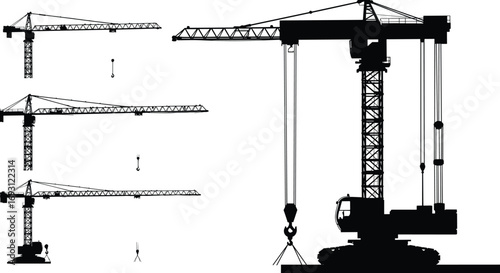 Silhouette of tower and crawler cranes, heavy lifting machines at construction site, industrial engineering equipment for high-rise building operations.
