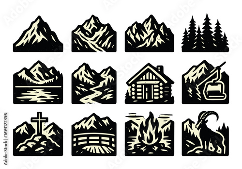 Nature silhouette icon set. featuring mountains, trees, lake, river, cabin, ski lift, cross, bridge, campfire, goat..
