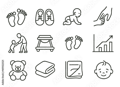 Parenting and baby essentials linear icon set. including shoes, baby, hands, chart, teddy, blanket symbols.