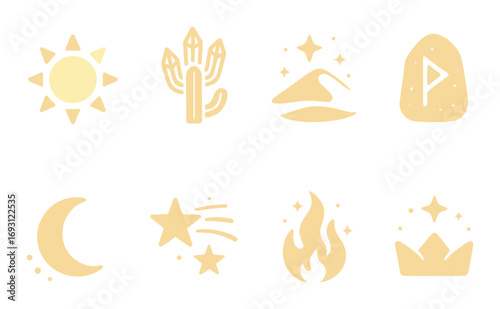 Mystical elements silhouette icon set. featuring sun, cactus, dunes, rune stone, moon, shooting star, fire, crown.