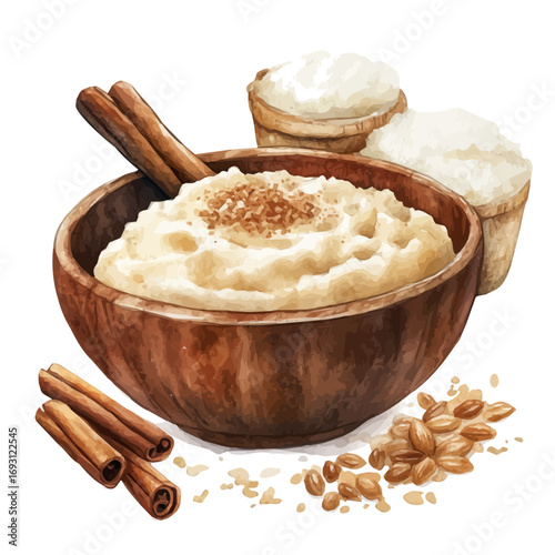 watercolor of Rice Pudding, vector, isolated on a white background.