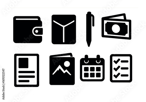 Office essentials silhouette icons set. featuring wallet, envelope, pen, cash, document, folder, calendar, checklist.