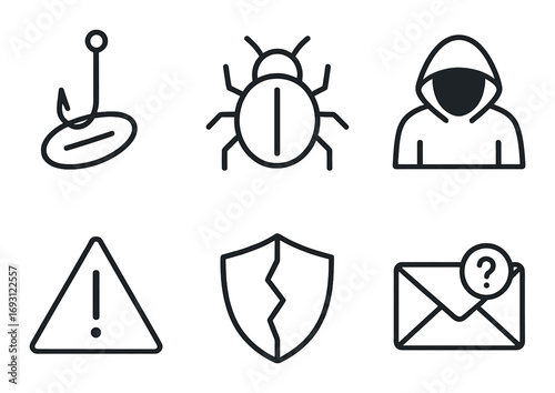 Cybersecurity silhouette icon set. featuring phishing, malware, hacker, warning, shield, and spam symbols.