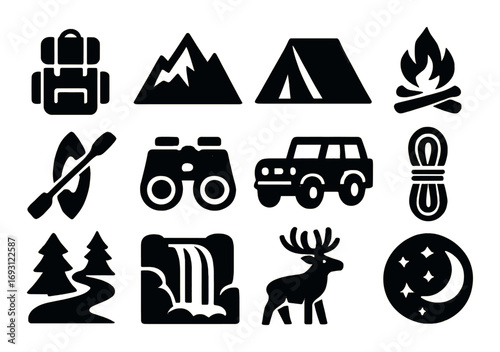 Outdoor adventures silhouette icon set. featuring backpack, mountains, tent, campfire, kayak, and binoculars.