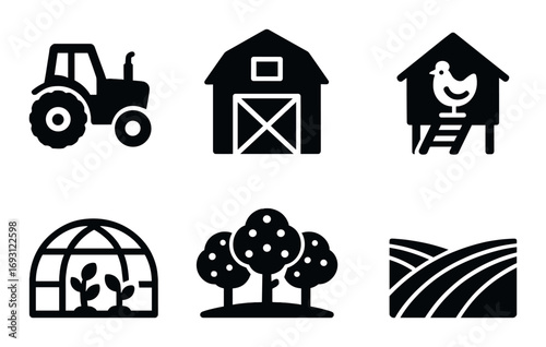 Farming silhouette icon set. featuring tractor, barn, chicken coop, greenhouse, orchard, and field symbols.