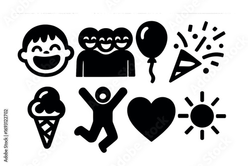 Celebration silhouette icon set. featuring smile, crowd, balloon, confetti, ice cream, joy, heart, and sun.