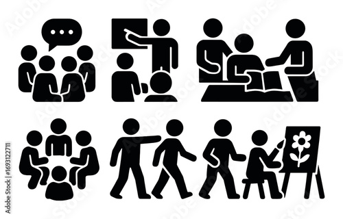 Education activities silhouette icon set. featuring teaching, group discussion, presentation, collaboration, and art class.