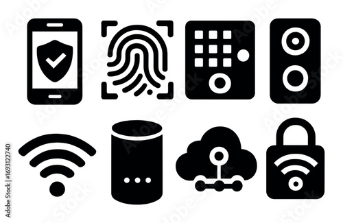 Security and technology silhouette icon set. featuring smartphone, fingerprint, keypad, speaker, wifi, smart home, cloud, lock symbols.
