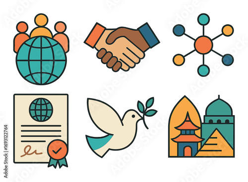 Global communication flat icon set. featuring network, handshake, documentation, peace, landmarks, and connection symbols.