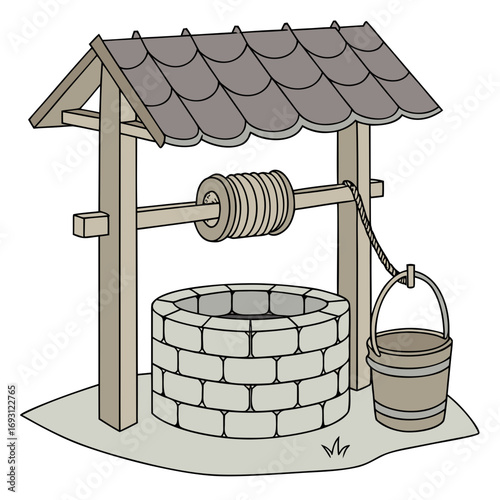 Wishing Well Illustration: Stone well with wood roof and bucket.