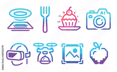Neon technology and media silhouette icon set. featuring vr, drone, camera, cupcake, photo, and apple symbols.