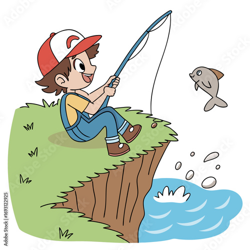 Boy Fishing Catching Small Fish.