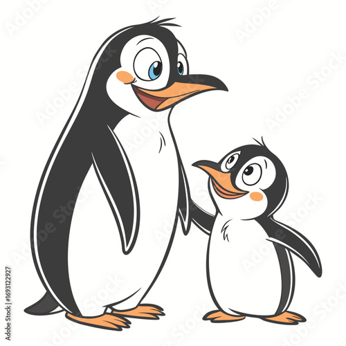 Penguin Parent and Child Cartoon Vector Illustration.