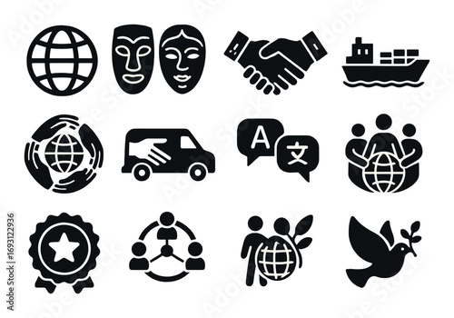 Global communication silhouette icon set. featuring globe, masks, handshake, ship, van, languages, and dove symbols.