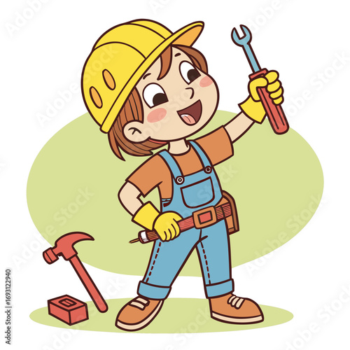 Construction Kid: Cheerful Child Builder with Wrench.
