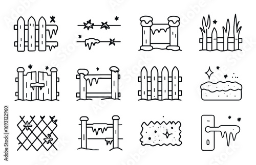 Winter fence flat icons set. featuring picket, barbed wire, wooden, garden, lattice, and gate symbols.