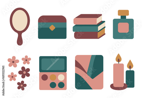 Beauty and wellness flat icon set. featuring mirror, jewelry, books, perfume, flowers, makeup, art, candles.