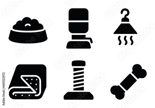 Pet care silhouette icon set. featuring food bowl, water fountain, shower, blanket, scratching post, bone.