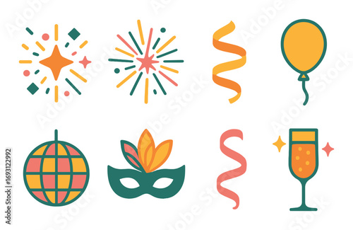 Celebration flat icon set. featuring fireworks, balloon, streamers, disco ball, mask, and champagne glass symbols.