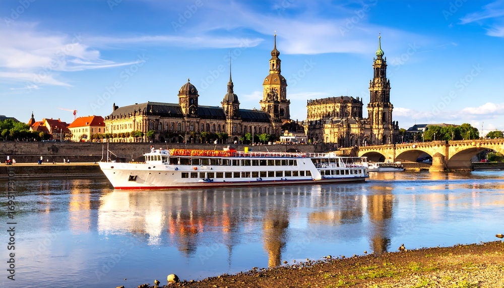 Fototapeta premium River cruise ship near historic buildings