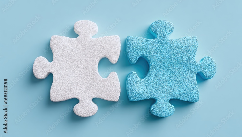 Obraz premium Two puzzle pieces, white and light-blue, joined