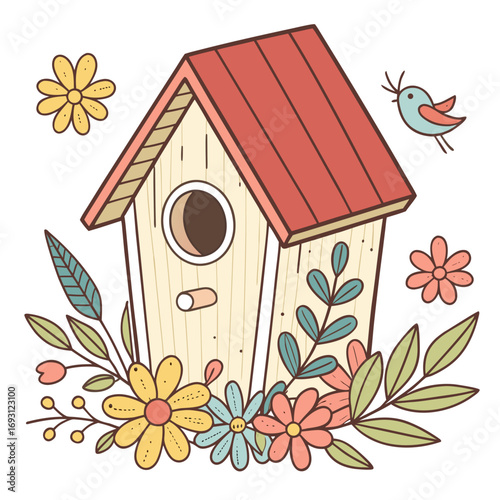 Floral Birdhouse Vector Illustration.

