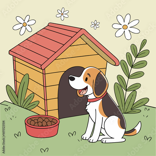 Happy Beagle Cartoon and house Illustration.

