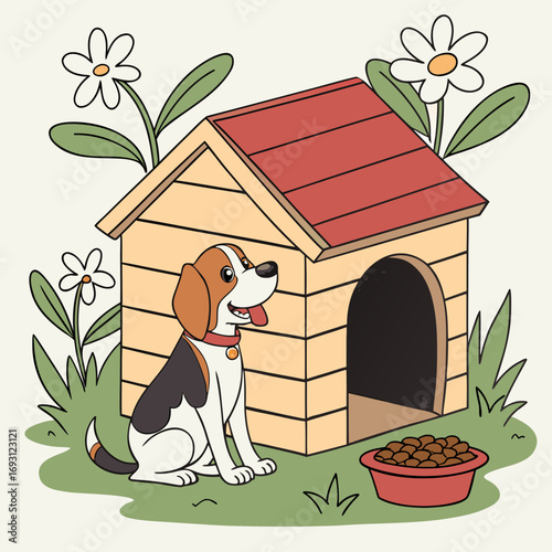 Happy Beagle Cartoon and house Illustration.

